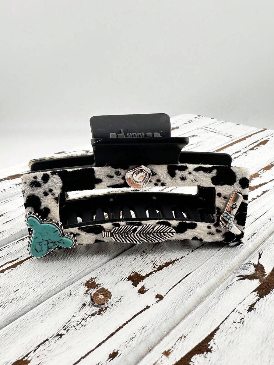1 Pc Western Cowhide Cowboy Hat Cow Head Turquoise Stone Decor Hair Claw Clip For Women Mid-West Hair Accessories Boho,Claw Clips,Hair Jaw Clip,Hair Clutch