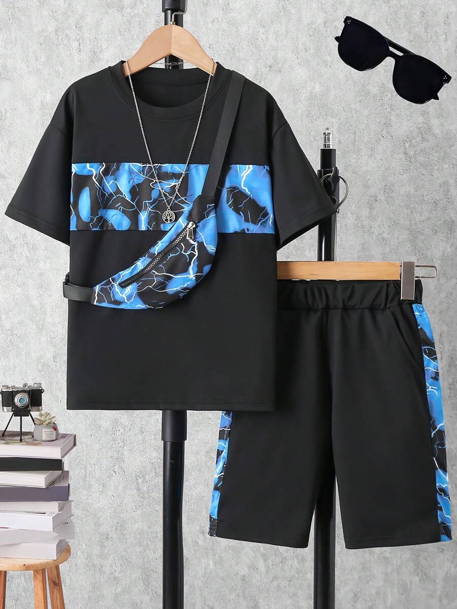 Ensemble Top à manches courtes décontracté et shorts avec sac bandoulière, imprimé éclair, pour garçons et adolescents, printemps/été
