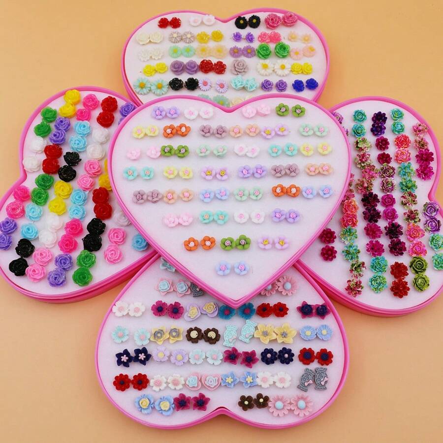 36pairs/Set Resin & Plastic Rose Shaped Earrings Mix Assorted Color & Style, Packaged In A Gift Box