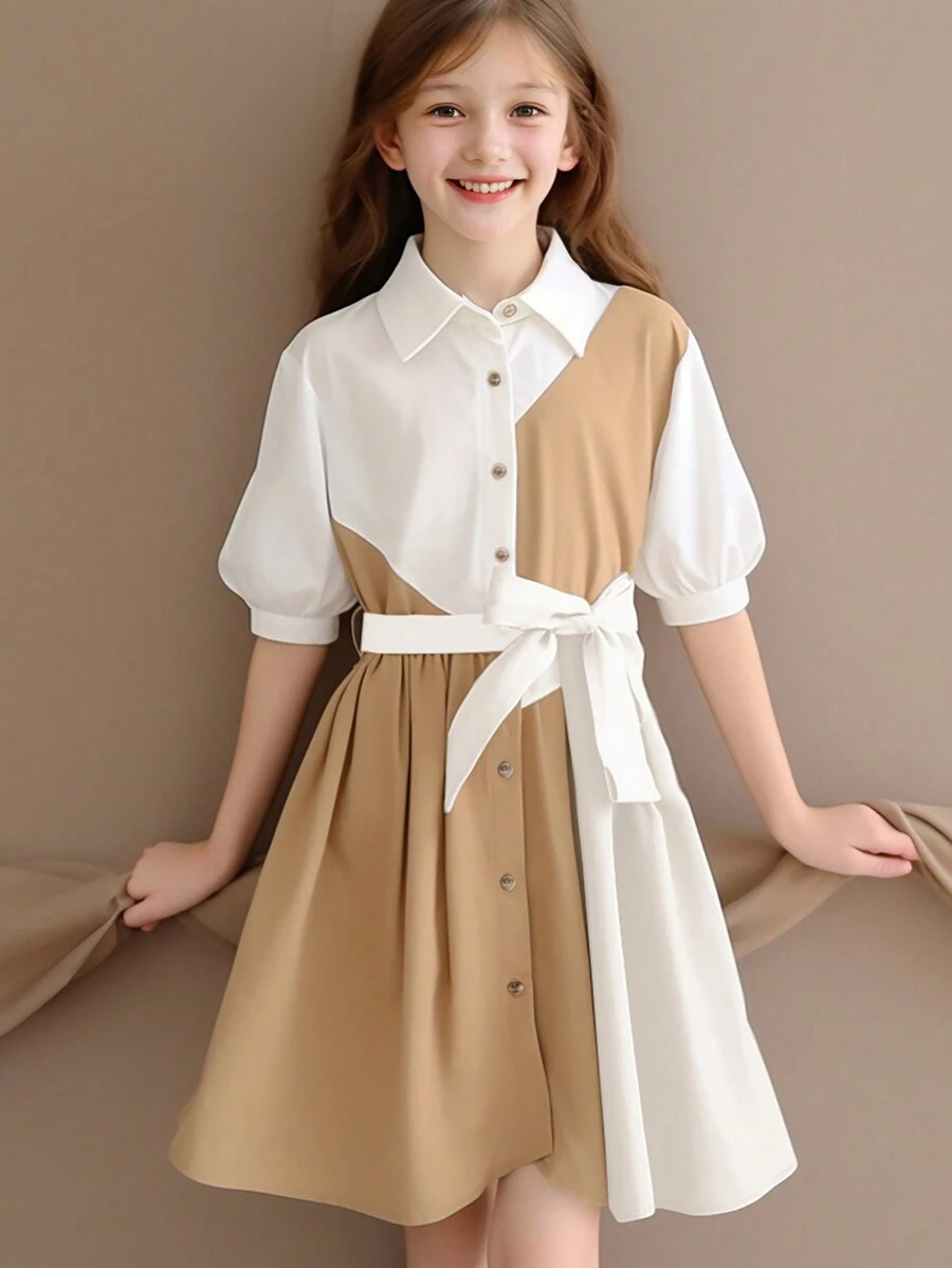 Tween Girl Open Placket Bubble Sleeve Color-Blocking Dress With Belt