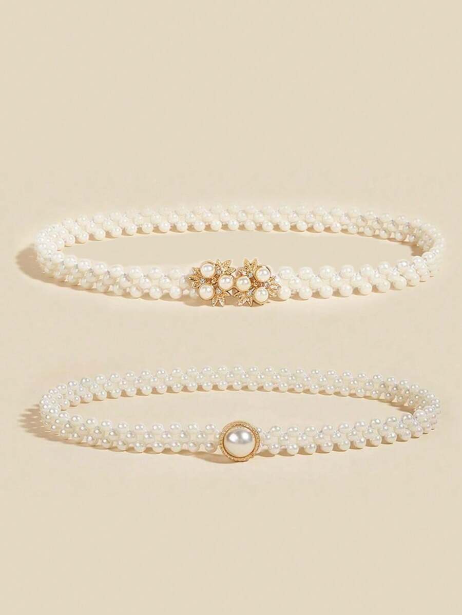 2pcs Women Pearl Elastic Waist Chain With Gold Flower & Bow Accent, Suitable For Evening Dress, Parties, Weddings, Mother's Day Gift