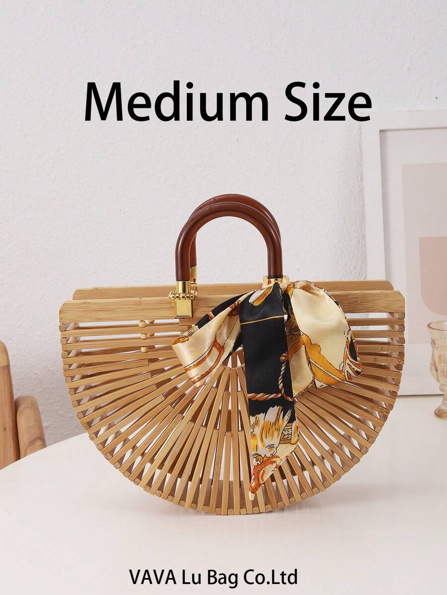 1 Peça Bolsa De Praia De Bambu Oca Feita À Mão Em Estilo De Férias E Lazer De Primavera/verão Apricot E Lenço