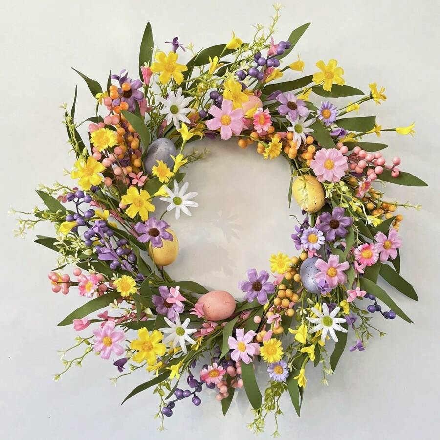 1 stuk 50 cm Pasen Simulatie Ei & Madeliefje Bloem Lauwerkrans ( ) , Schuim Paasei , Bes Bloem , Wilgenblad Handgemaakt Lauwerkrans , Pasen Hangende decoratie