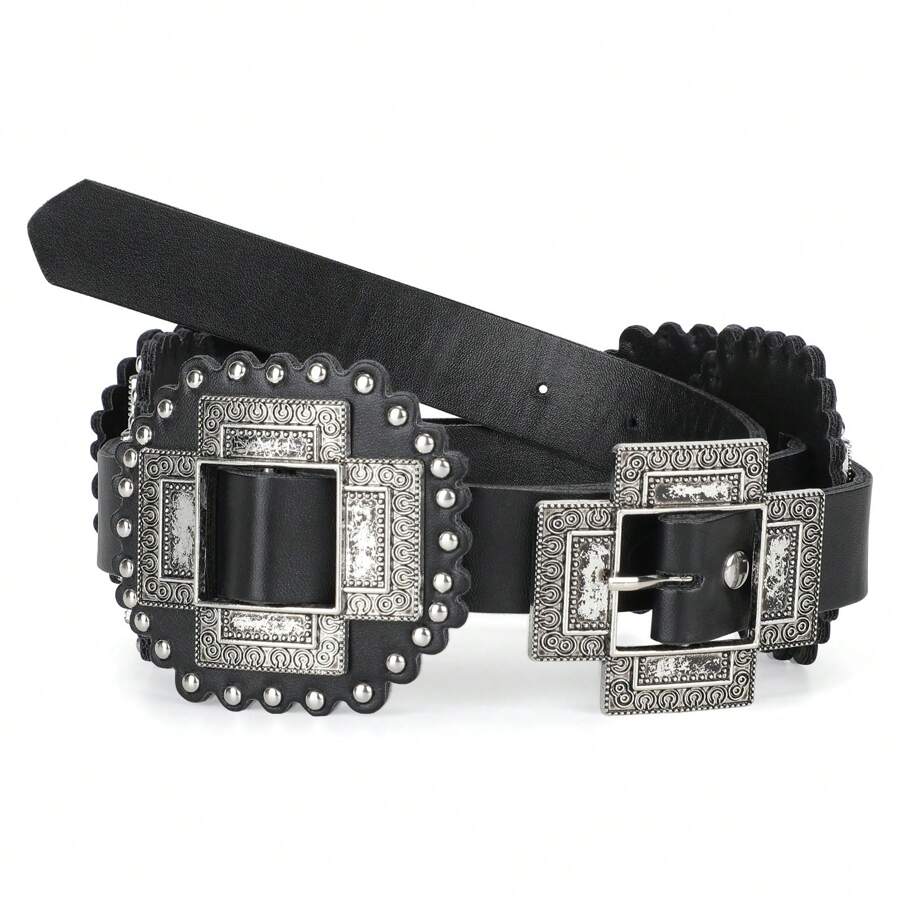 Boho 1pc Ladies' Fashionable Western Cross Buckle Leather Belt With Silver Studs Halloween Summer, School