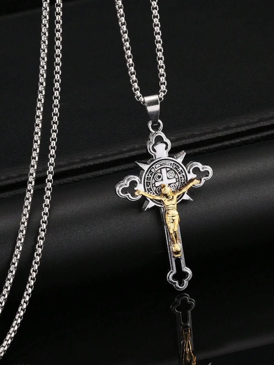 1pc 2025 New European & American Titanium Steel Cross Pendant Necklace, Vintage Personality Unisex Religious Gift, Wholesale Niche Hiphop Stainless Steel Long Sweater Chain, Casual Wear For Men & Women