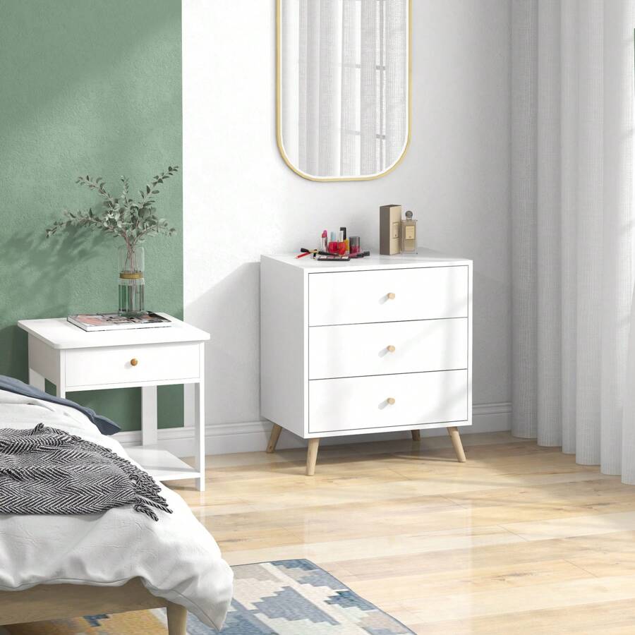 HOMCOM HOMCOM Commode 3 tiroirs Design scandinave Meuble de Rangement Chambre Blanc poignée piètement effilé Bois Massif de pin