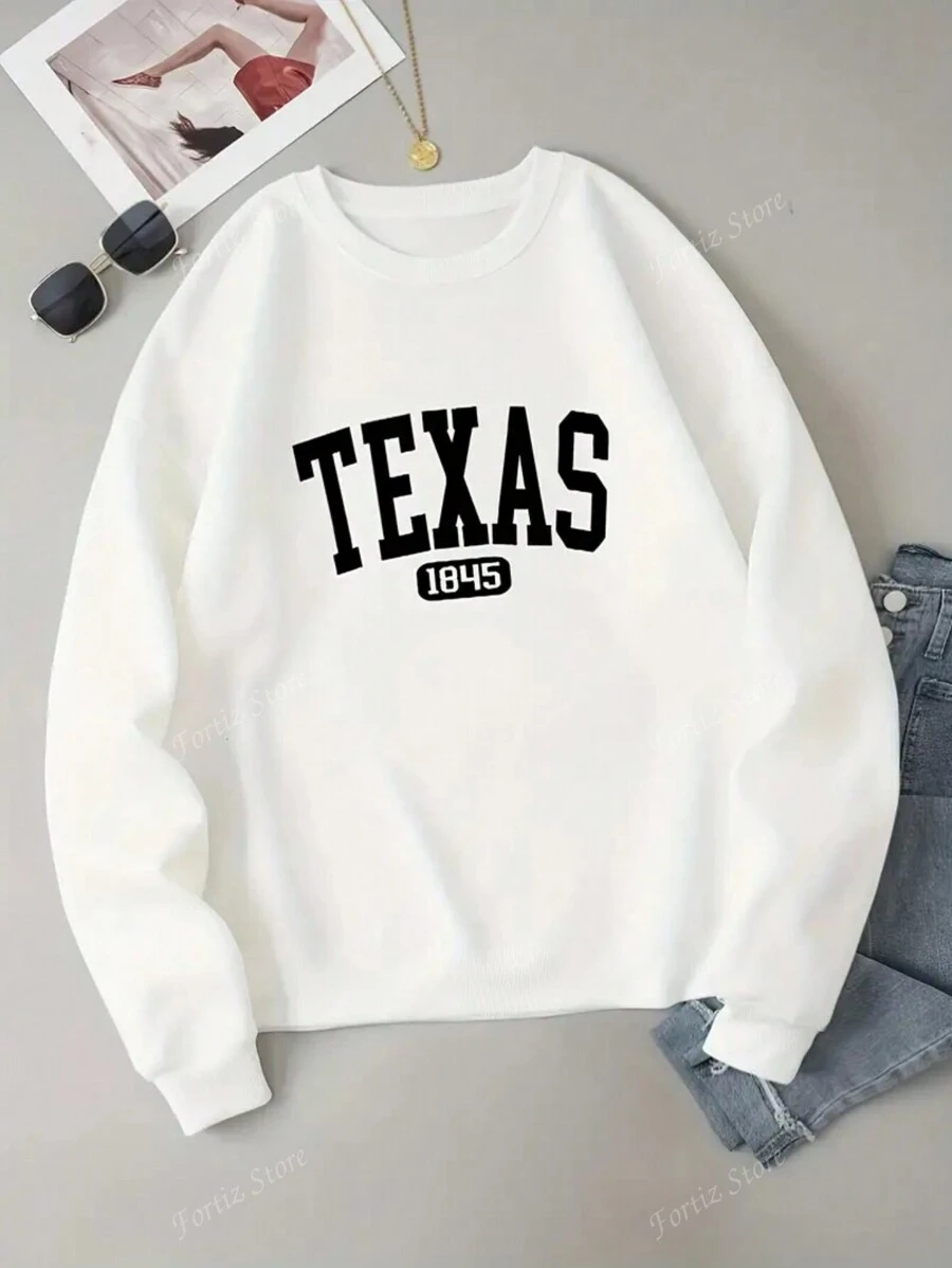 Sudadera casual con cuello redondo, estampado de letras y números 1845, sudadera deportiva de manga larga, ropa de mujer