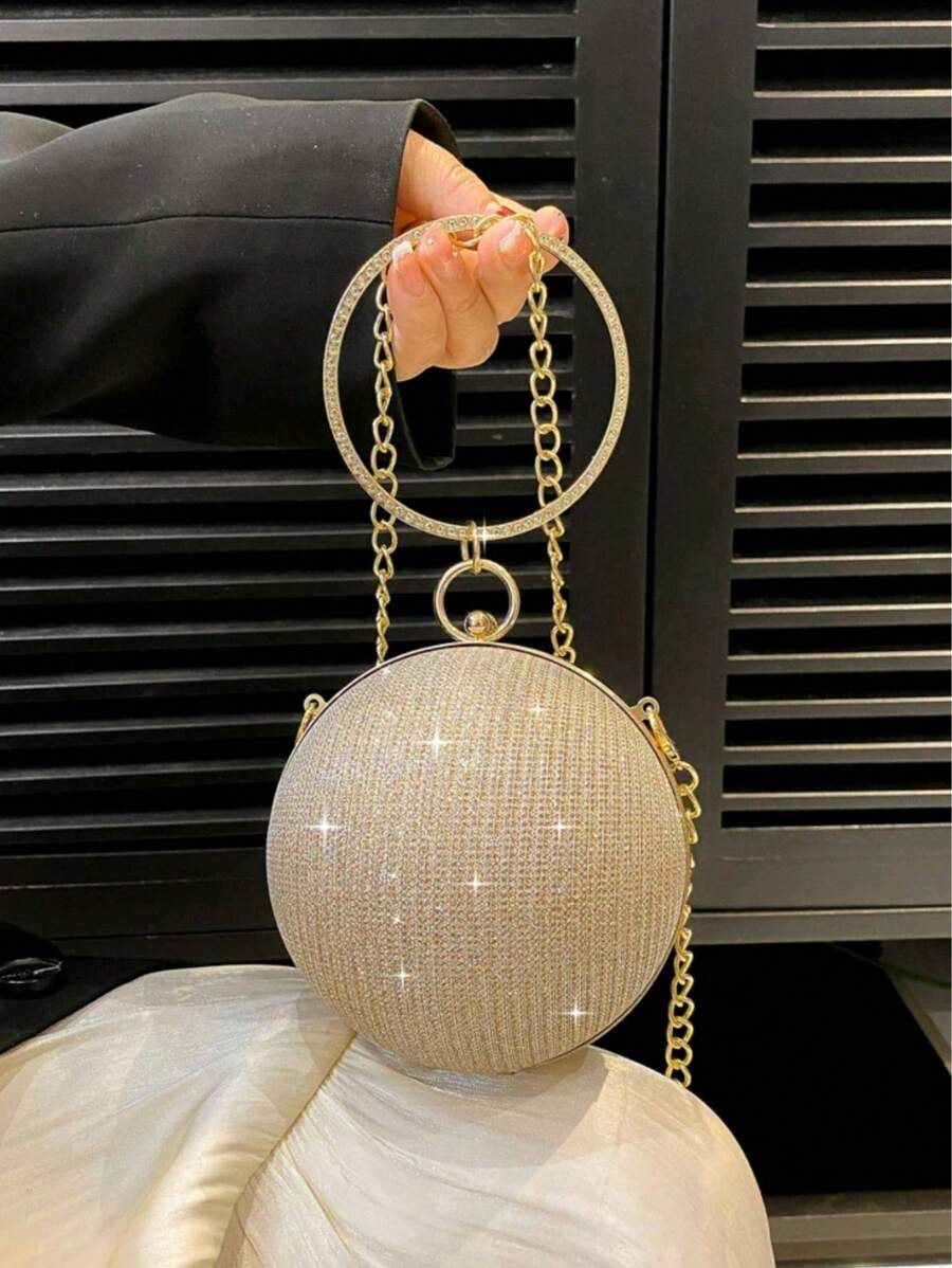 Lightweight,Business Casual Mini Circle Bag Glamorous Rhinestone Decor With Chain Evening Bag,Dinner Bag Glamorous,Elegant,Exquisite,Quiet Luxury Rhinestone For Party Girl,Woman,Bride Perfect For Party,Dinner/Banquet(15*15*15Size)