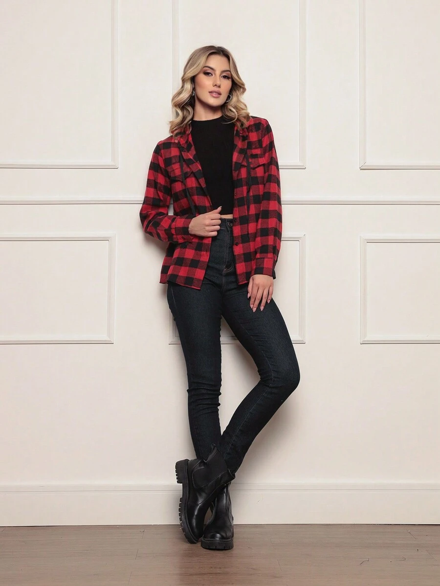 Camisa Feminina Flanelada Xadrez Blusa Flanelado Feminina Camisa Flanelada Xadrez Feminina com Toca Festa junina