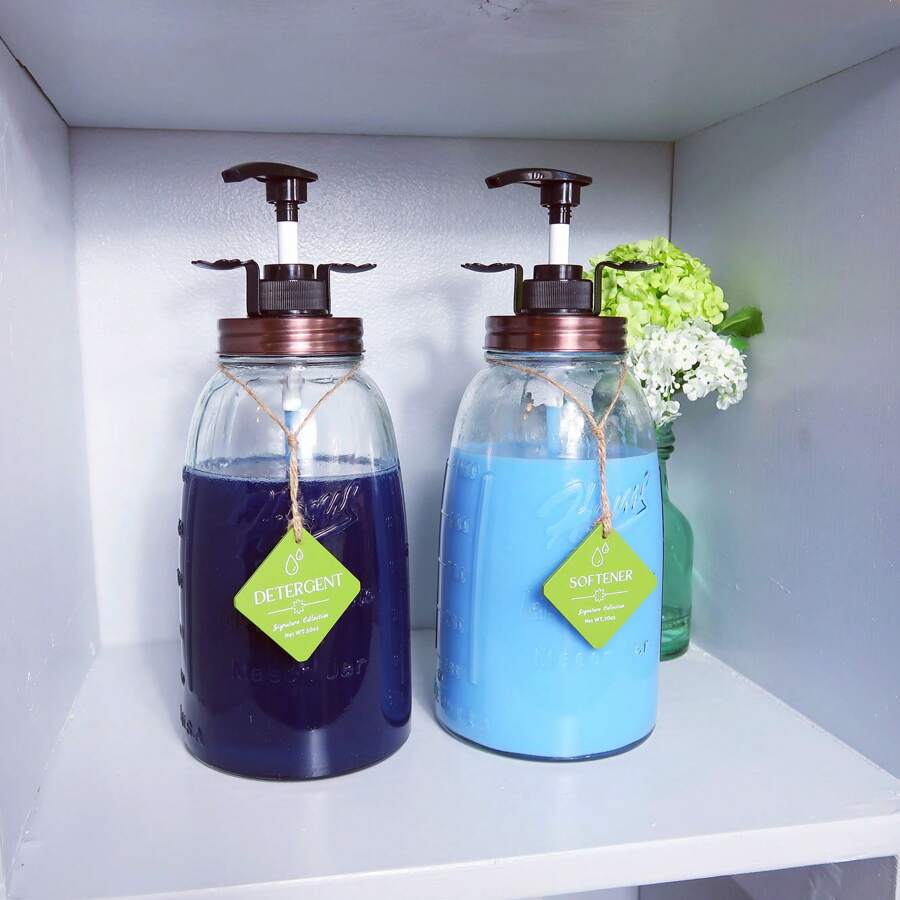 Farmhouse Mason Jar Style Laundry Detergent Dispenser For Laundry Room - Two 50oz Glass Jars Fabric Softener Dispenser, Liquid Laundry Soap Dispenser