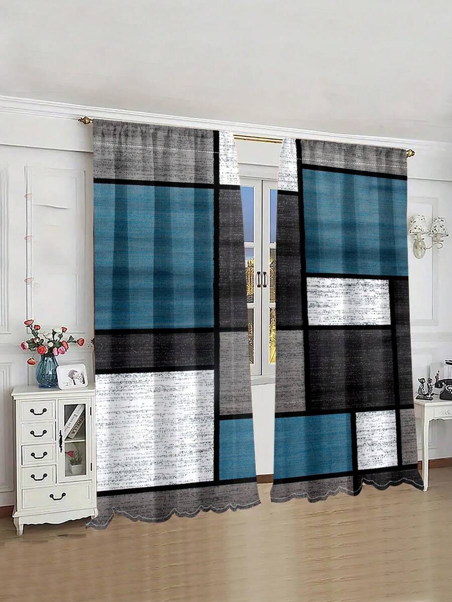 2pcs/Set Seamless Wood Grain Textured Wood Laminate, Geometric Digital Printing Sheer Curtains For Living Room, Bedroom, Outdoor, Semi-Transparent Curtain Home Decor