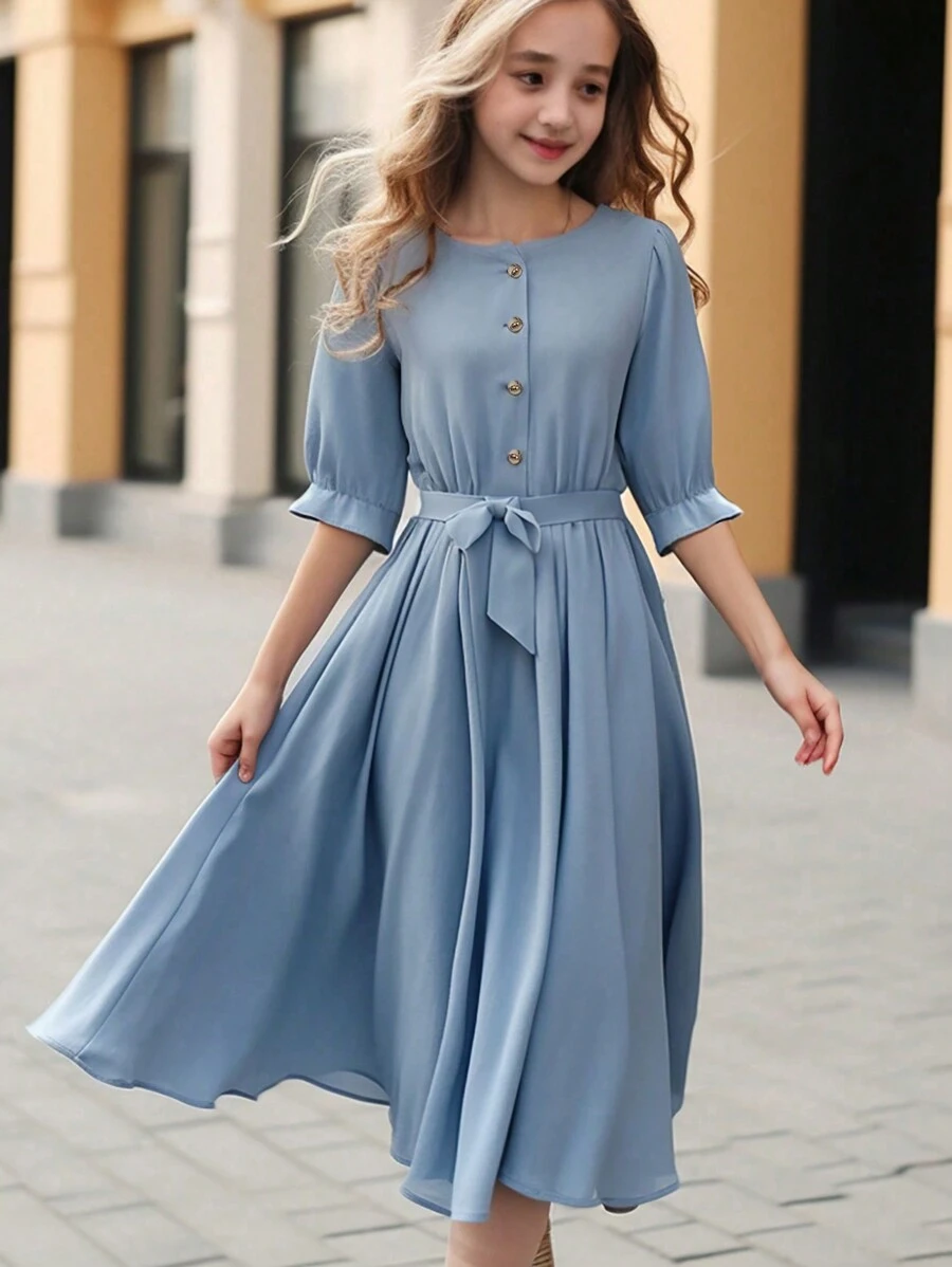 Tween Girl Round Neck Short Sleeve Waist-High Solid Color Dress