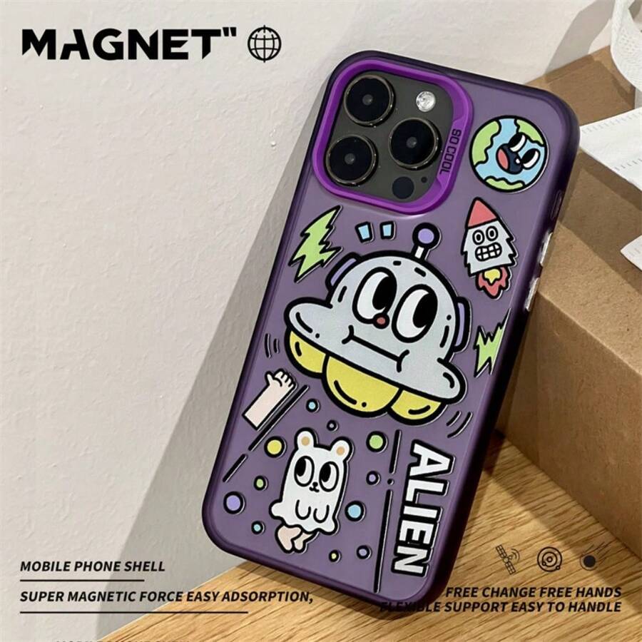 Cute Cartoon Ufo Magnetic Phone Case With Magnetic Phone Holder Compatible With IPhone