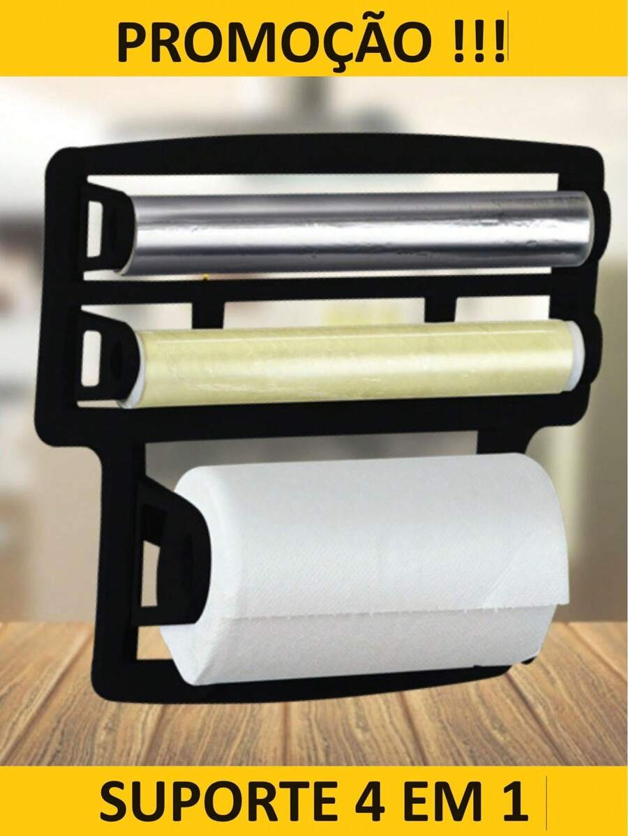 Suporte Triplo de parede para Rolos Porta Papel Toalha Alumínio Filme Utensílios Panos Com Ganchos 4X1
