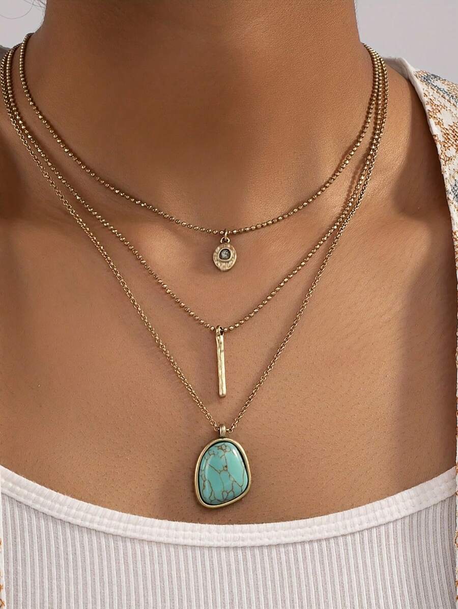 1pc Vintage Bohemian Style Multi-Layer Turquoise Necklace