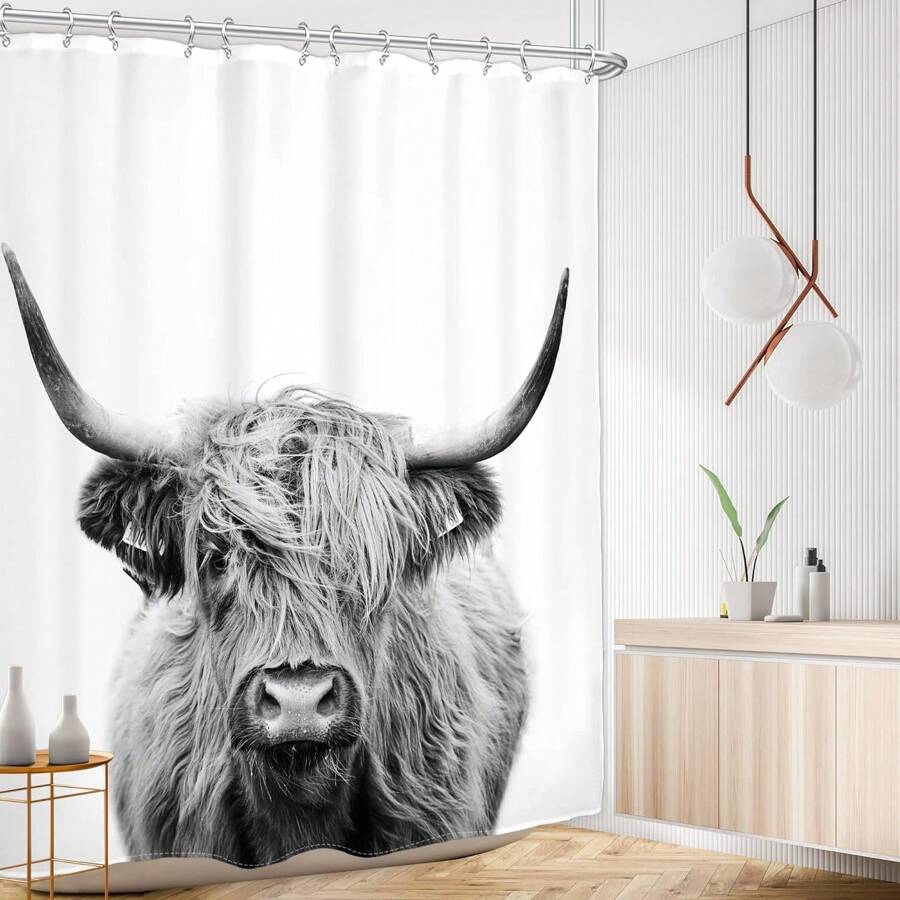 1 pièce Rideau de douche en tissu de style ferme avec vache des hautes terres, rideau de douche avec crochets, vache drôle, taureau, vache et fleurs sur marbre pour salle de bain 180cm x 180cm. Décoration de salle de bain d'été, accessoires de rentrée scolaire