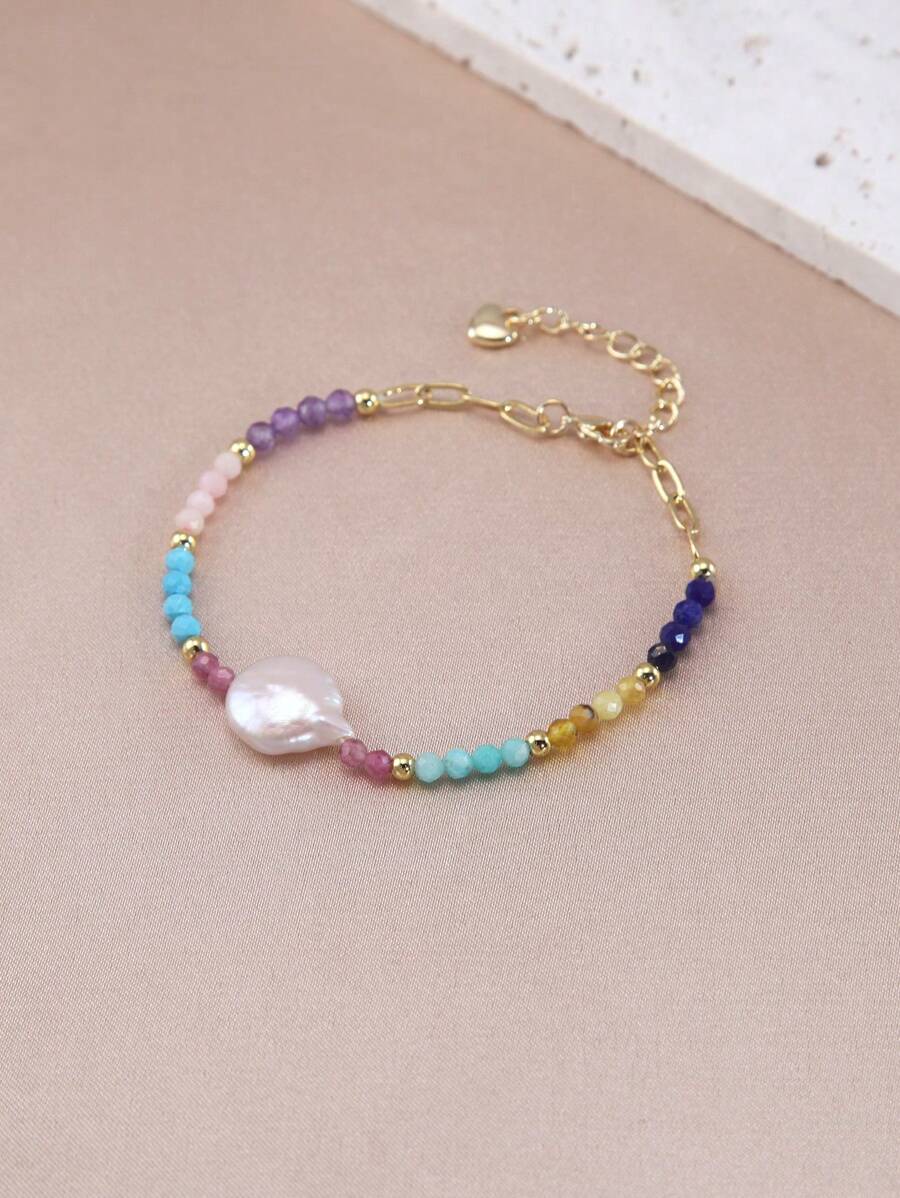 1 pulseira boho banhada a ouro 18K com pérolas naturais, cristais e contas, adequada para uso diário feminino