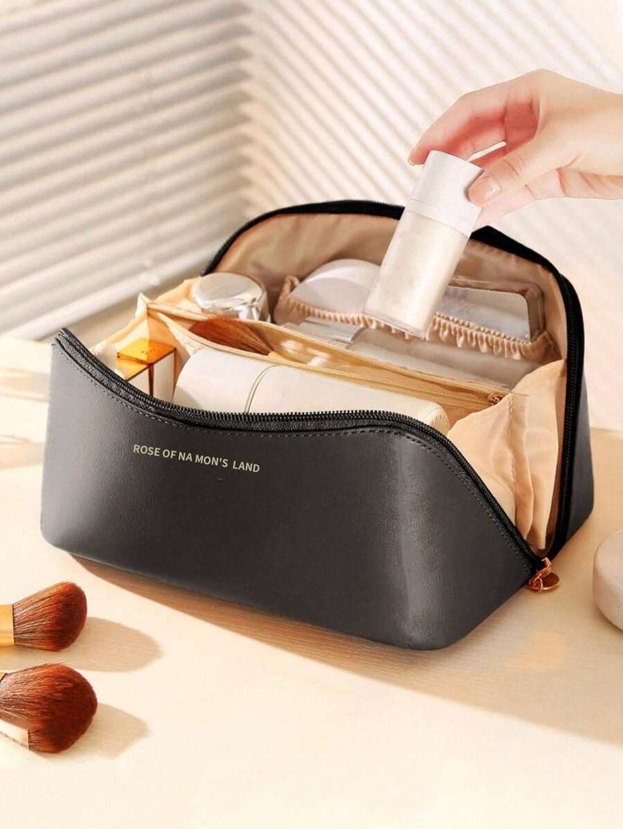 1pc Portable Makeup Storage Bag, Modern Letter Graphic Makeup Storage Bag For Home,Boho Vibes,For Holiday Beach, Bathroom Collection, Bedroom Collection, Large Capacity