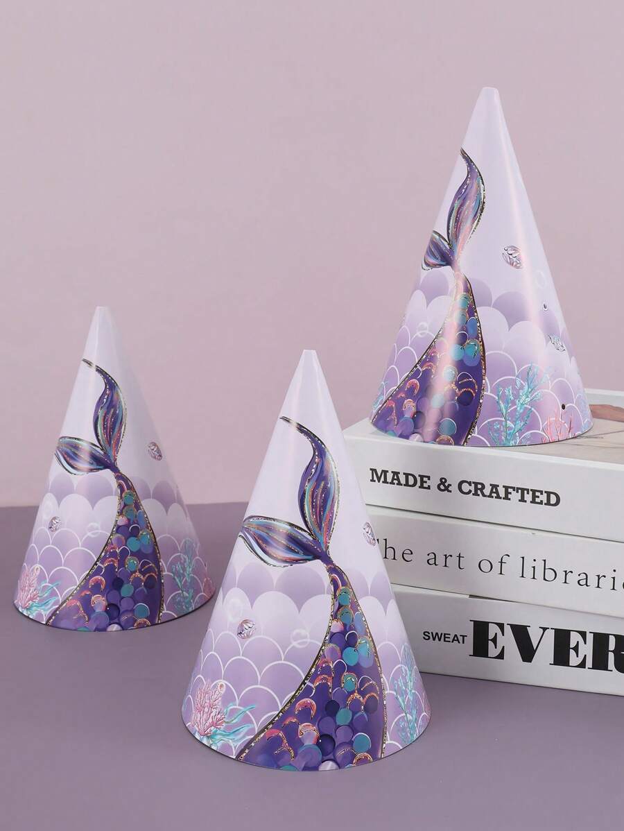 6 piezas Gorros de fiesta con patrón de sirena morada, suministros de decoración para fiestas de cumpleaños con temática de sirena, fiestas familiares, accesorios de fotografía