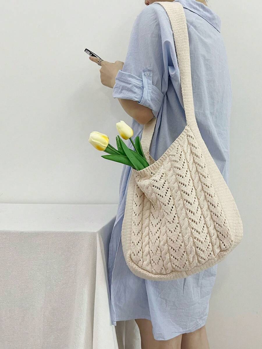 1pc Apricot Ins Style Woven Medium Tote Bag, Women's Original Design Fashion Beach Bag, Shoulder & Crossbody Bag, Hollow Grid Knitting Shopping Grocery Kitchen Storage Bag, Suitable For Daily Use, Dating, Gift For Girlfriend