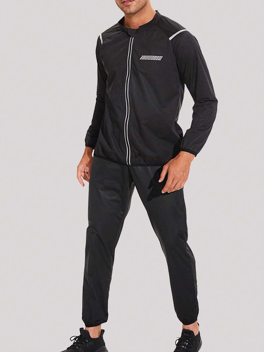 1set Men's Silver Coating Sweat-Wicking Zipper Pocket Color Block Sports Suit, Suitable For Outdoor Fitness