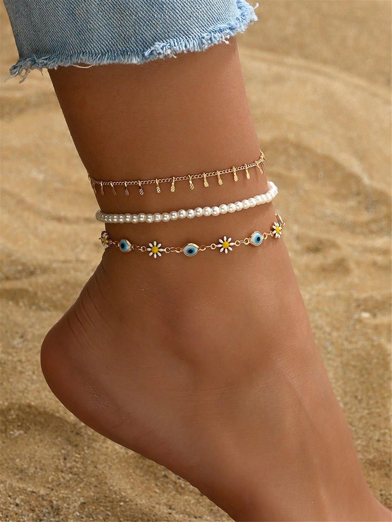 3pcs/Set Gold Anklet Evil Eye Beads Decor Simple White Round Imitation