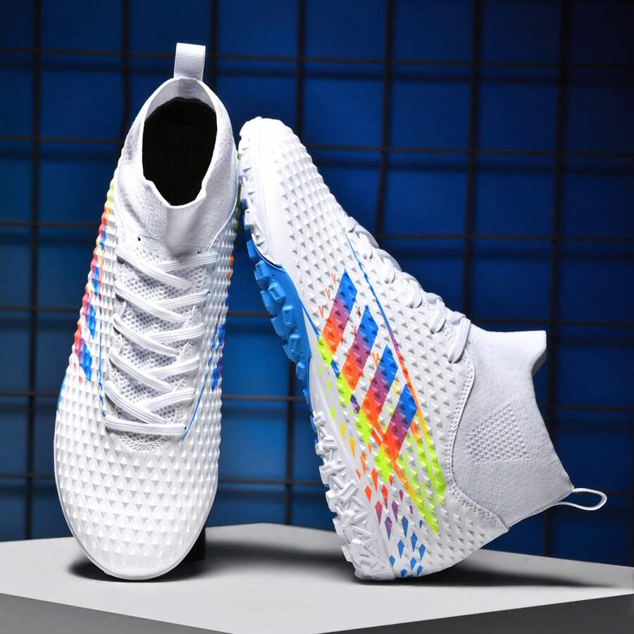 1pair New Men's & Women's Striped Soccer Shoes, Tf Broken Nail Anti-Slip Training Shoes, Outdoor Turf Football Boots, Professional Sports Sneakers, Black Classic High-Top Short Nail Football Shoes