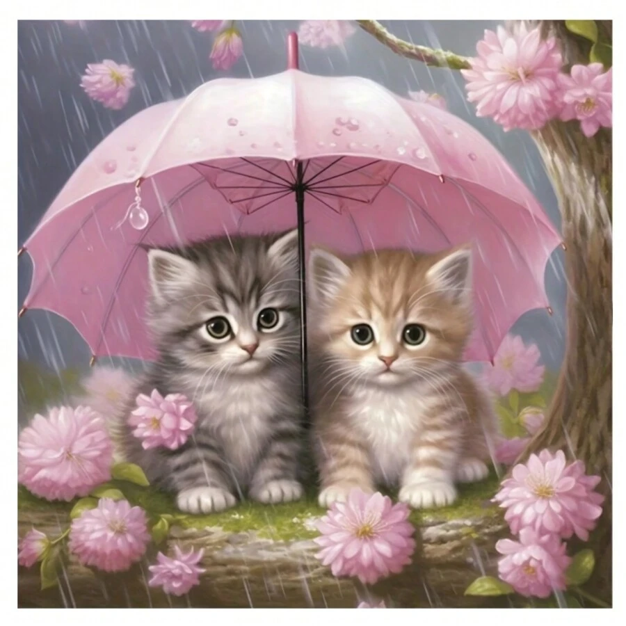 Diy Diamond Painting Kit, 5d Cat Holding Umbrella Round Diamond Art Set, Circular Full Drill Diamond Embroidery With Accessories, Art Wall Decoration Gift For Home