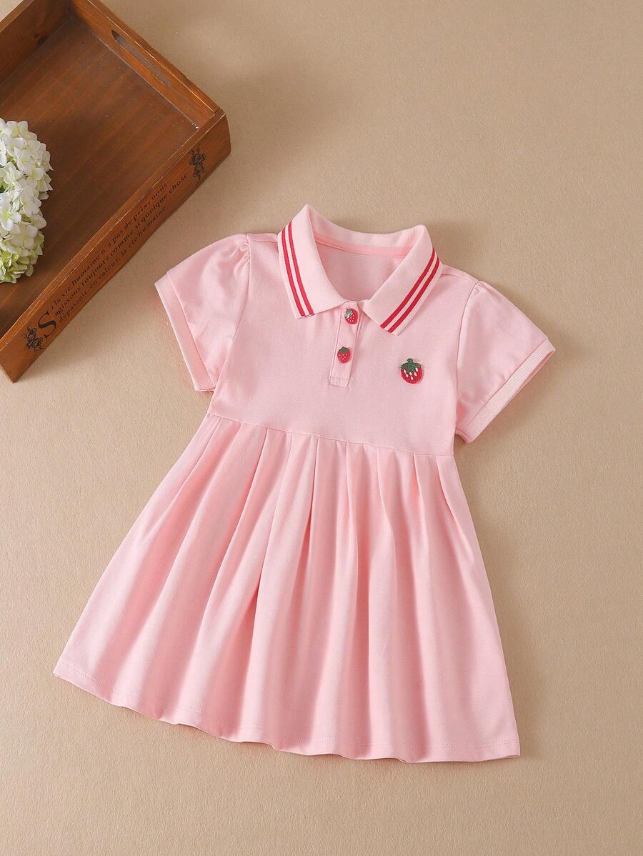 Vestido Casual de Manga Curta para Jovem Menina com Bordado de Morango para o Verão