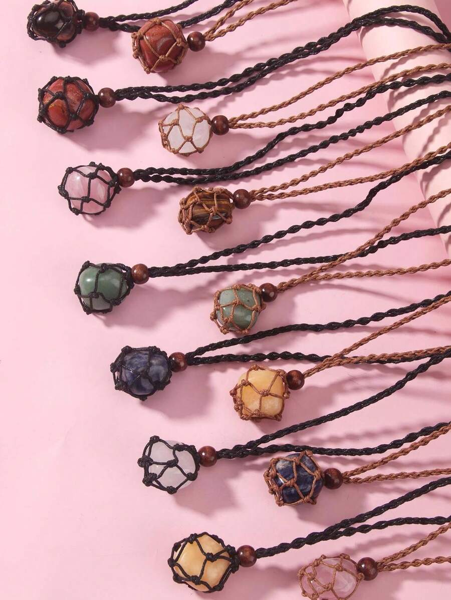 1 Colgante De Red De Piedra Cruda De Cristal Natural Vintage Aleatorio, Collar De Cordón Ajustable Tejido A Mano Para Hombres Y Mujeres