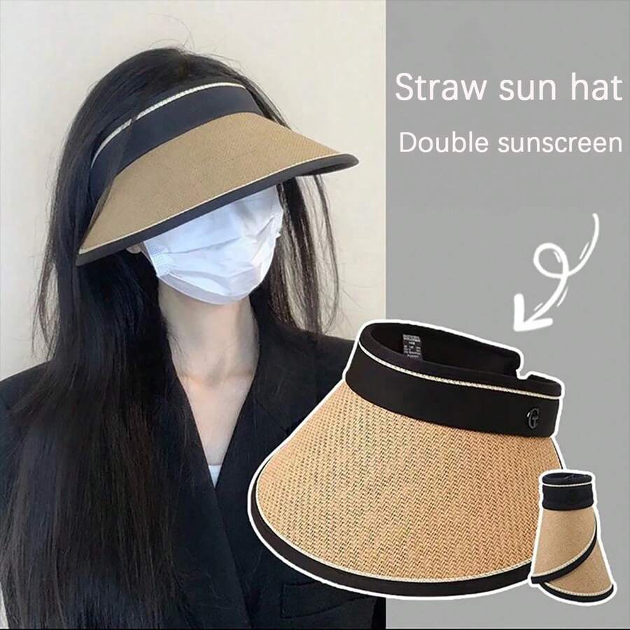 Double-Layer Woven Sun Hat, Foldable, Wide-Brimmed, Sunscreen, Fashionable And Personalized, Suitable For Beach, Summer