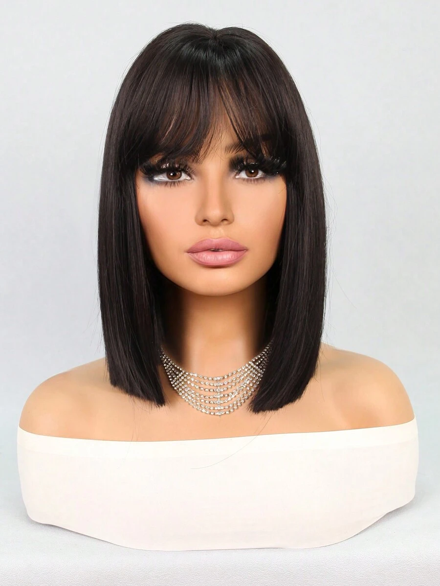 Halloween Costume Wig Bob Wigs Synthetic Heat Resistant Wigs With Bangs Natural Midlle Part Hairline 12inch Natural Black Dark Brown Color Straight Hair Full Machine Made Daily Used For Girl Women Natural Looking Good Quality Synthetic Soft Wigs