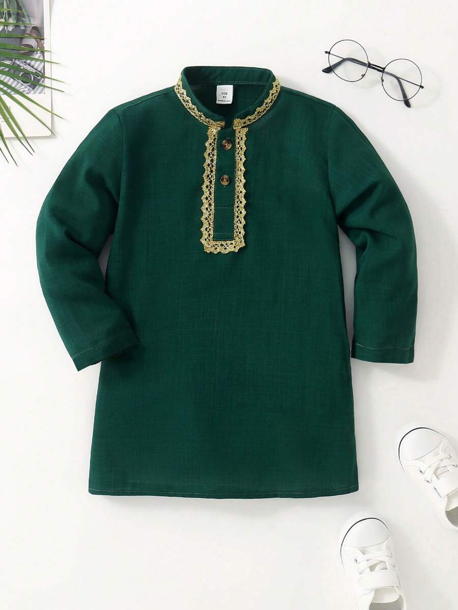 Young Boy Embroidery Patch Stand Collar Long Shirt