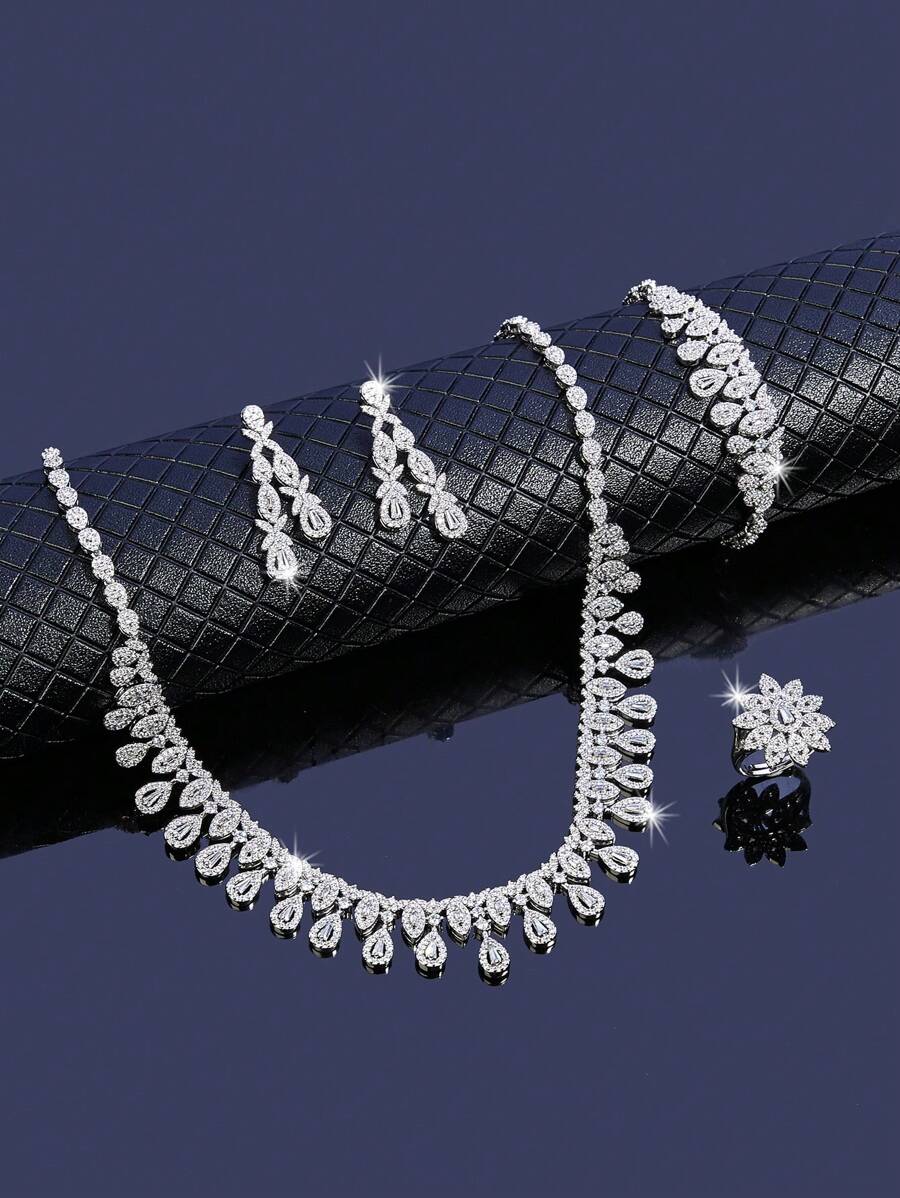 1set Shiny Cubic Zirconia Luxury Bridal Wedding Party Jewelry Set For Women