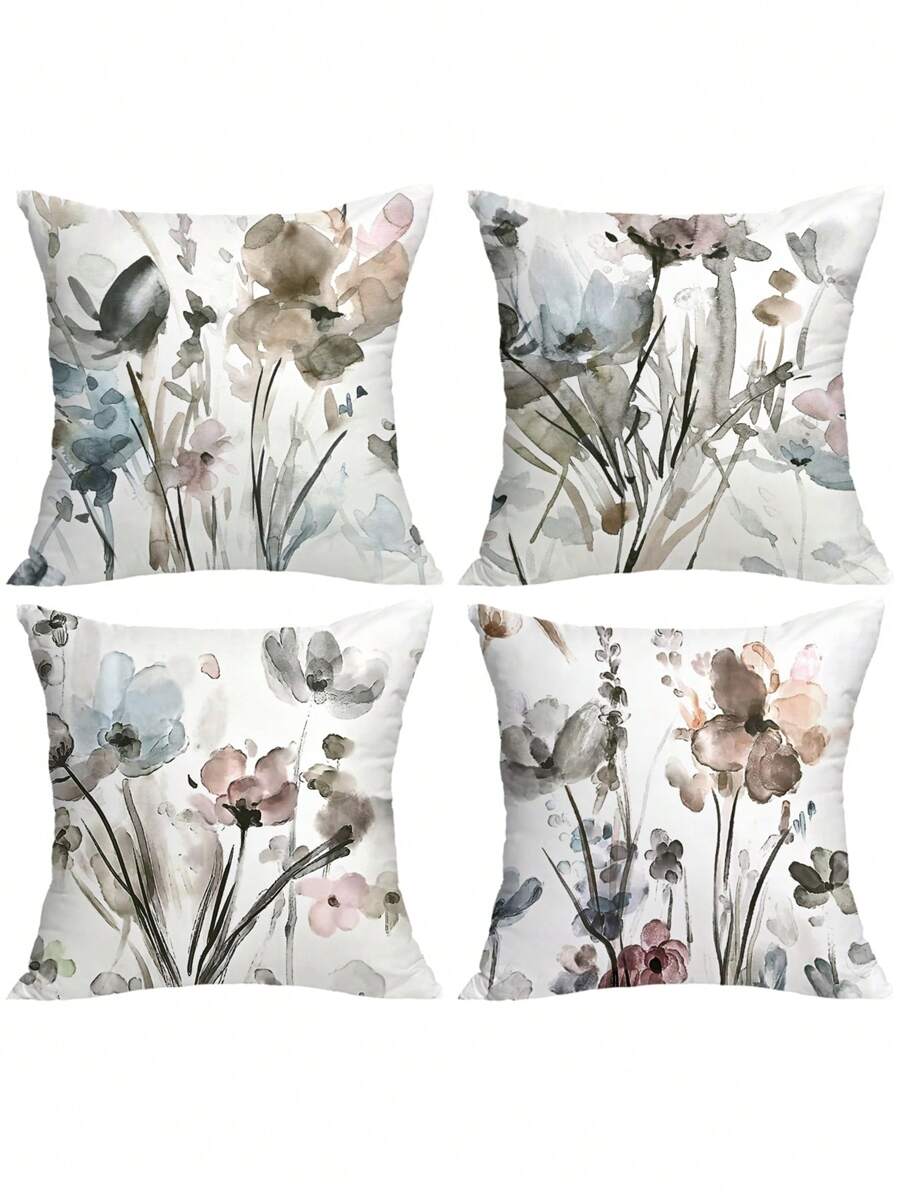 4pcs Ink-And-Wash Painting Style Floral Print Pillowcase (No Insert), Spring/Summer Country-Style Square Pillow Cover For Living Room/Sofa/Bedroom/Home Decorative Lumbar Cushion Cover, All-Seasons Universal Pillow Case