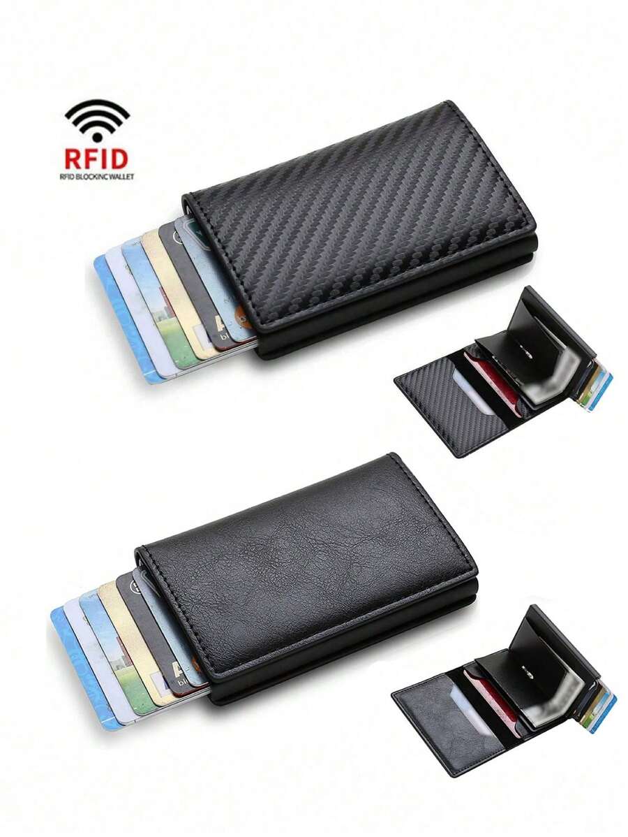 Cartera minimalista para hombre, soporte de tarjeta anti-RFID con monedero para tarjetas de crédito de bloqueo RFID para hombres y mujeres, tarjetero delgado con función bancaria segura, cartera minimalista emergente delgada con tamaño pequeño negro metálico con bloqueo, monedero pequeño con pop up
