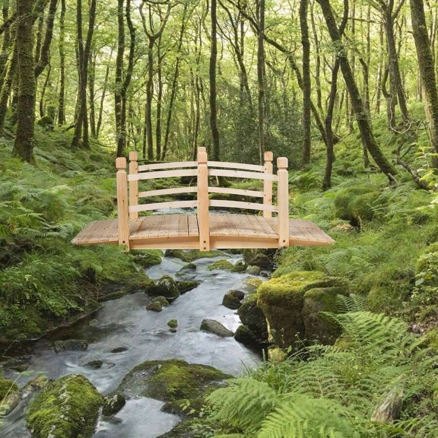Holzbrücke aus Tannenholz, Gartenbrücke bis 100 kg, Teichbrücke Braun, Zierbrücke mit Geländer, 150x67x55cm (Natur)
