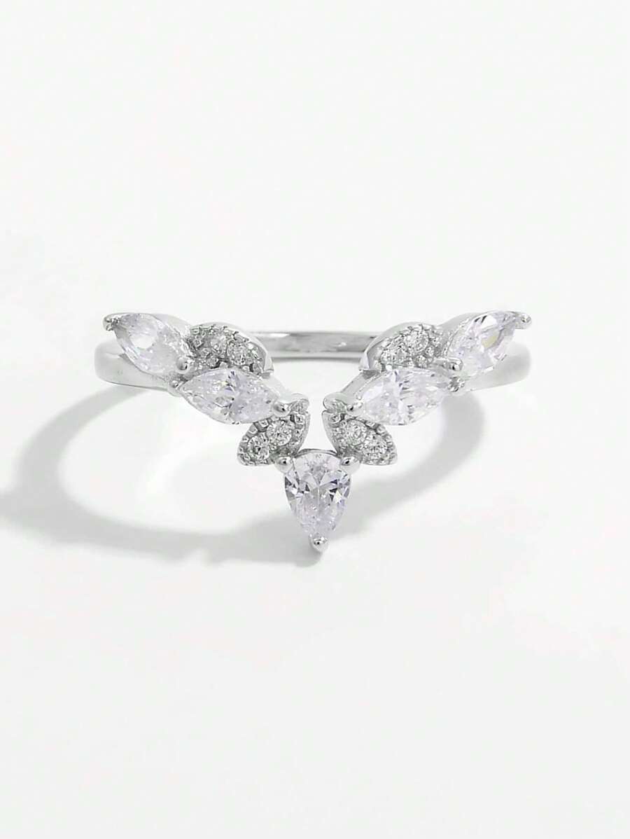 1pc Gorgeous Shiny Elegant Luxurious Vintage Fashionable S925 Sterling Silver Artificial Zirconia Leaf Shaped Deep V Design Ring For Women, Perfect For Date, Party, Banquet And Daily Wear, Show Your Charm, A Great Gift Wedding Engagement Bridal Jewelry