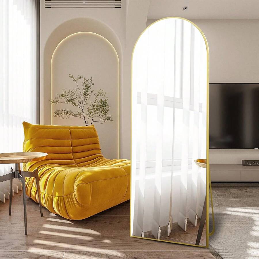 Lustro podłogowe CASSILANDO zakrzywione o pełnej długości 150 x 50cm, lustro podłogowe okrągłe, lustro ścienne sypialni z uchwytem, lustro przebierane (czarne, złote)