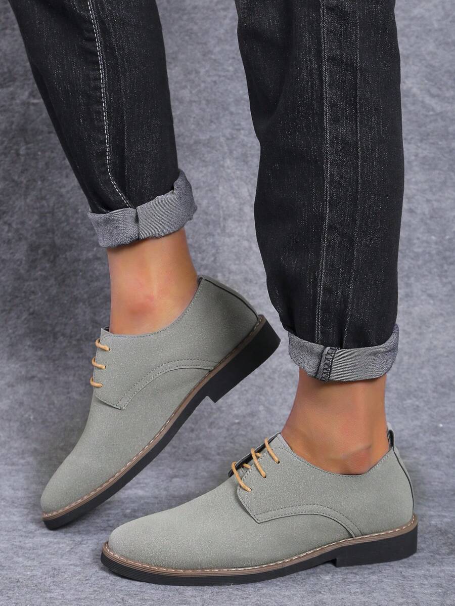 Men's Suede-Like Breathable Round Toe Low-Cut Lace-Up Low Heel Pu Leather Shoes For Casual, Everyday Wear In All Seasons