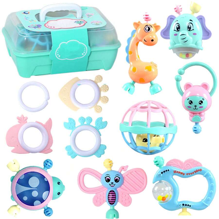 11 Piezas Kit de Juego para Bebés, Divertidas Sonajas para Tamaño Ideal para Bebés pequeñas Manos.Juego de Sonajeros de Mano Caja de Regalo