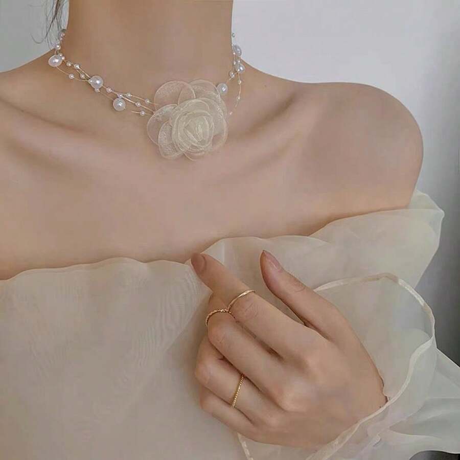 1pc Romantic Peach Color Flower & Faux Pearl Necklace Clavicle Chain Fairy Neck Jewelry For Women's Daily Wear