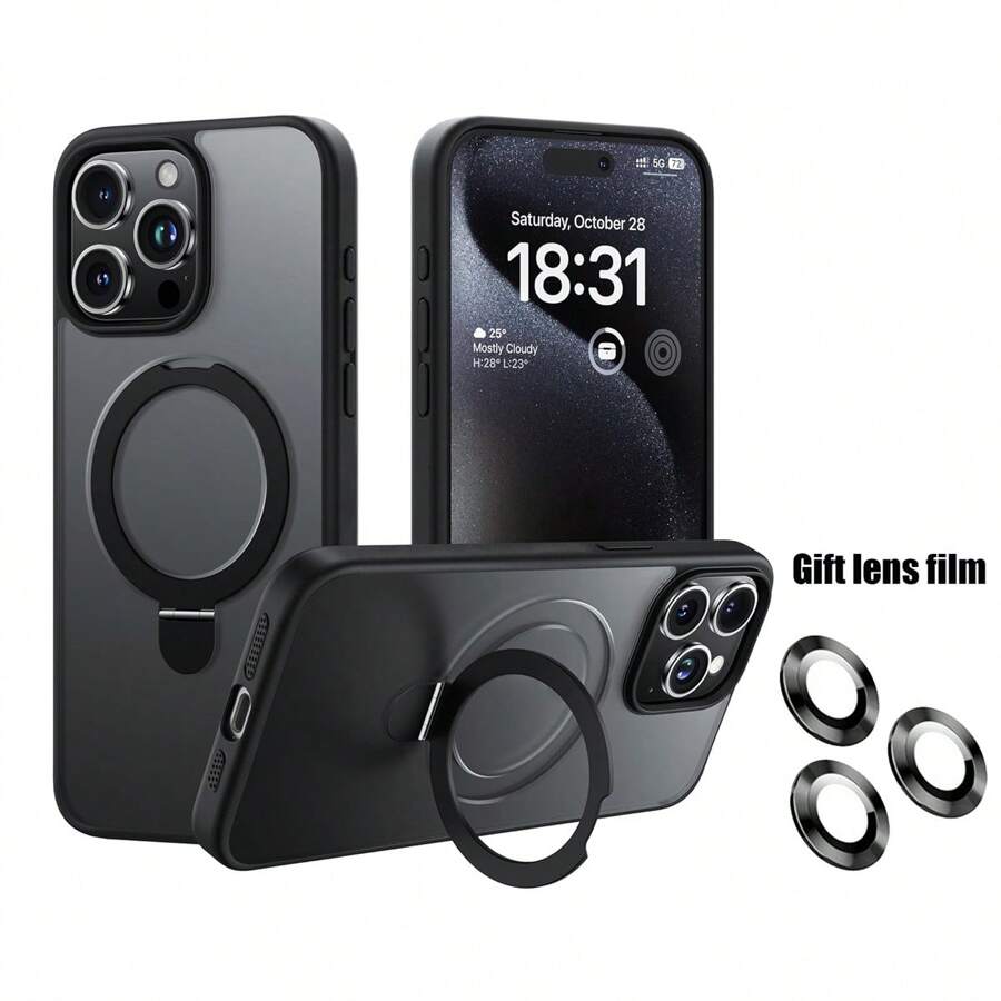 1 pieza Funda con pie de apoyo magnético mate negra con anillo de lente de metal, Funda protectora 2 en 1 de silicona TPU + PC con anillo magnético giratorio oculto, funda de teléfono delgada antichoque, antihuellas dactilares y resistente a los golpes compatible con Apple iPhone 16 Pro/16 Pro Max/16 Plus/16/15 Pro/15 Pro Max/15 Plus/15/14 Pro/14 Pro Max/14 Plus/14/13 Pro/13 Pro Max/12 Pro/12 Pro Max/12/11 Pro Max/11/11 Pro