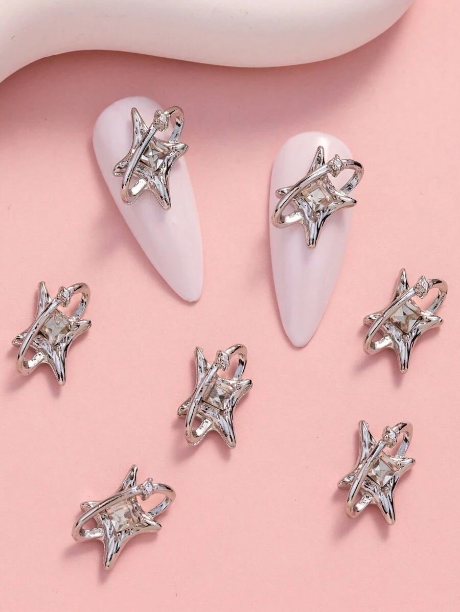 10pcs 3d Surrounding Starburst Rhinestone Decor Silver Nail Art Decoration DIY Nail Charms Nail Gems Nail Supplies