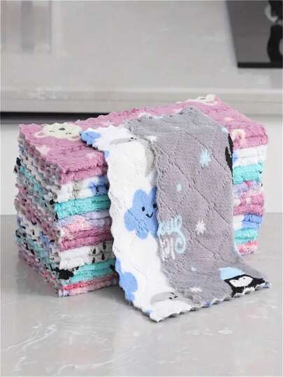 10pcs, Dish Cloth, Coral Velvet Cartoon Printed Double-Sided CleaningTowels, Scouring Pad, New Kitchen Printed Cleaning Cloth, SuperAbsorbent Wiping Cloth, Cleaning Supplies