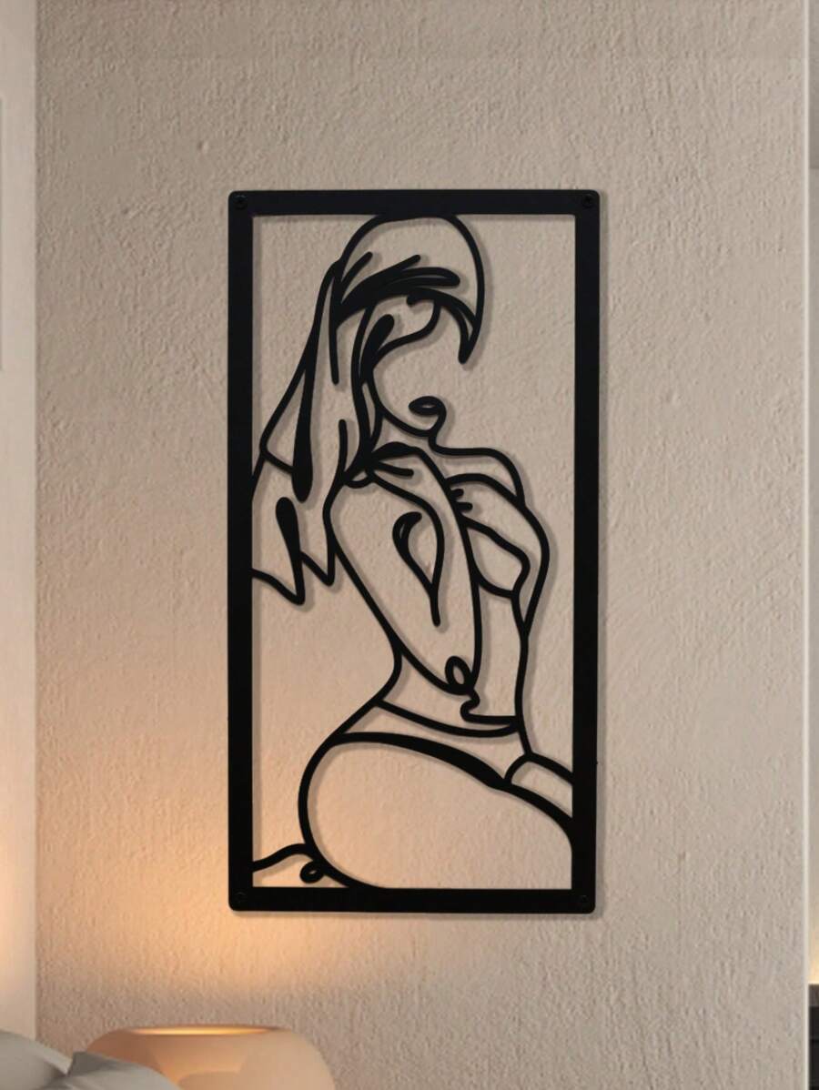 1 pièce Décoration murale artistique en métal avec lignes et courbes, représentant une femme avec une jambe pliée et une expression timide, 45x23cm, canevas, affiche