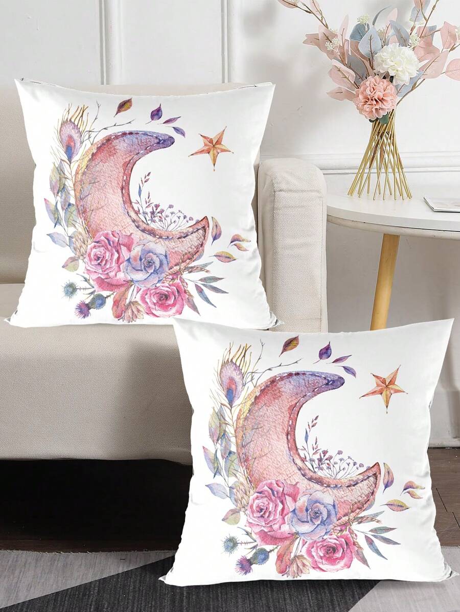 1Pc,45*45cm EID Moon, Flowers Pattern Peach Plush Skin Pillowcase (Without Pillow Core) Sofa Decoration