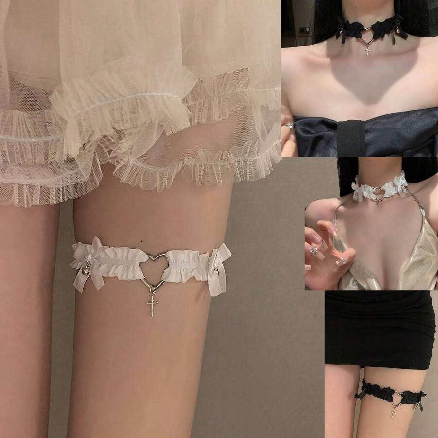 1pc Butterfly Heart Bell Anklet For Women Punk Style Lace Thigh Ring Neck Collar Lock Chain Choker Accessories Leg Chain Valentines,Mom,Mother,Mother's Day,Gift