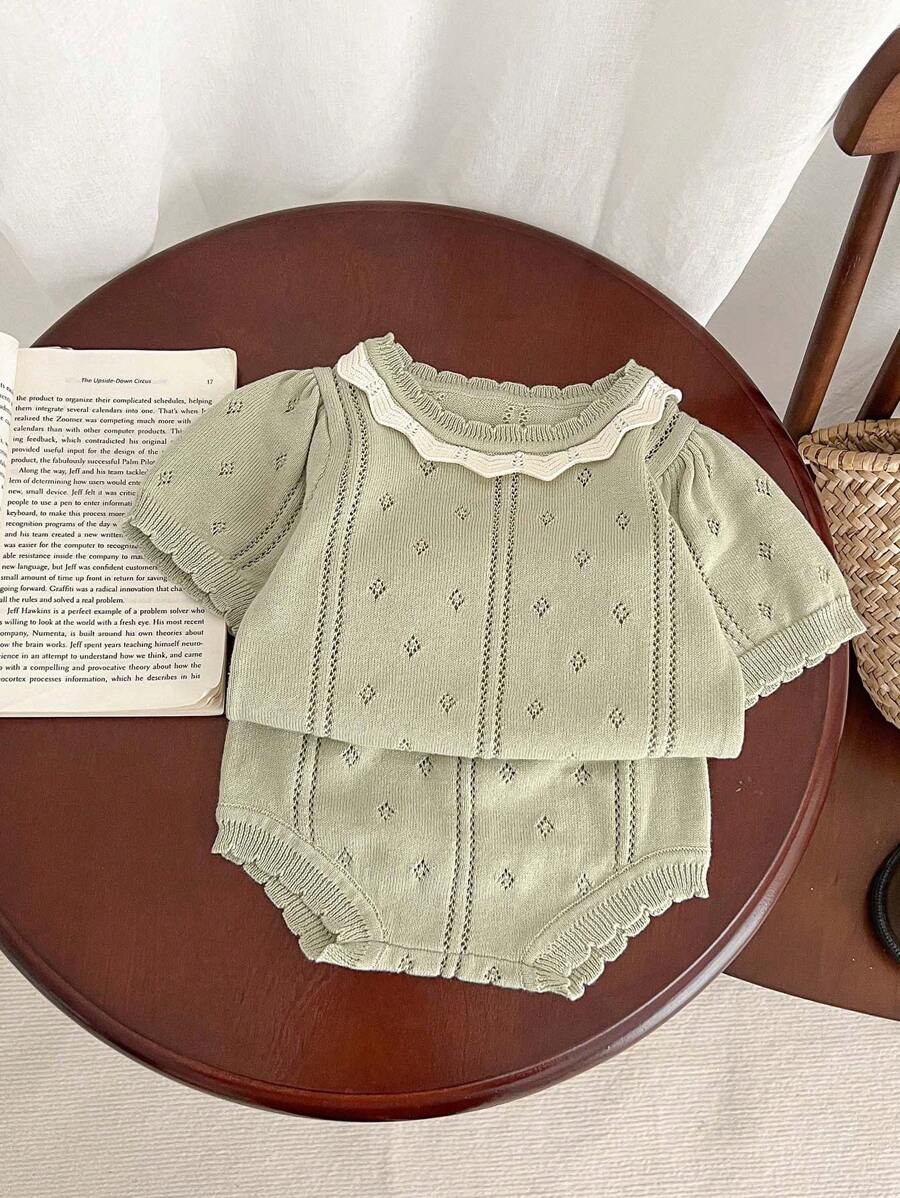 Ensemble pull à manches courtes ajouré tricoté et short de style Mori pour bébé fille