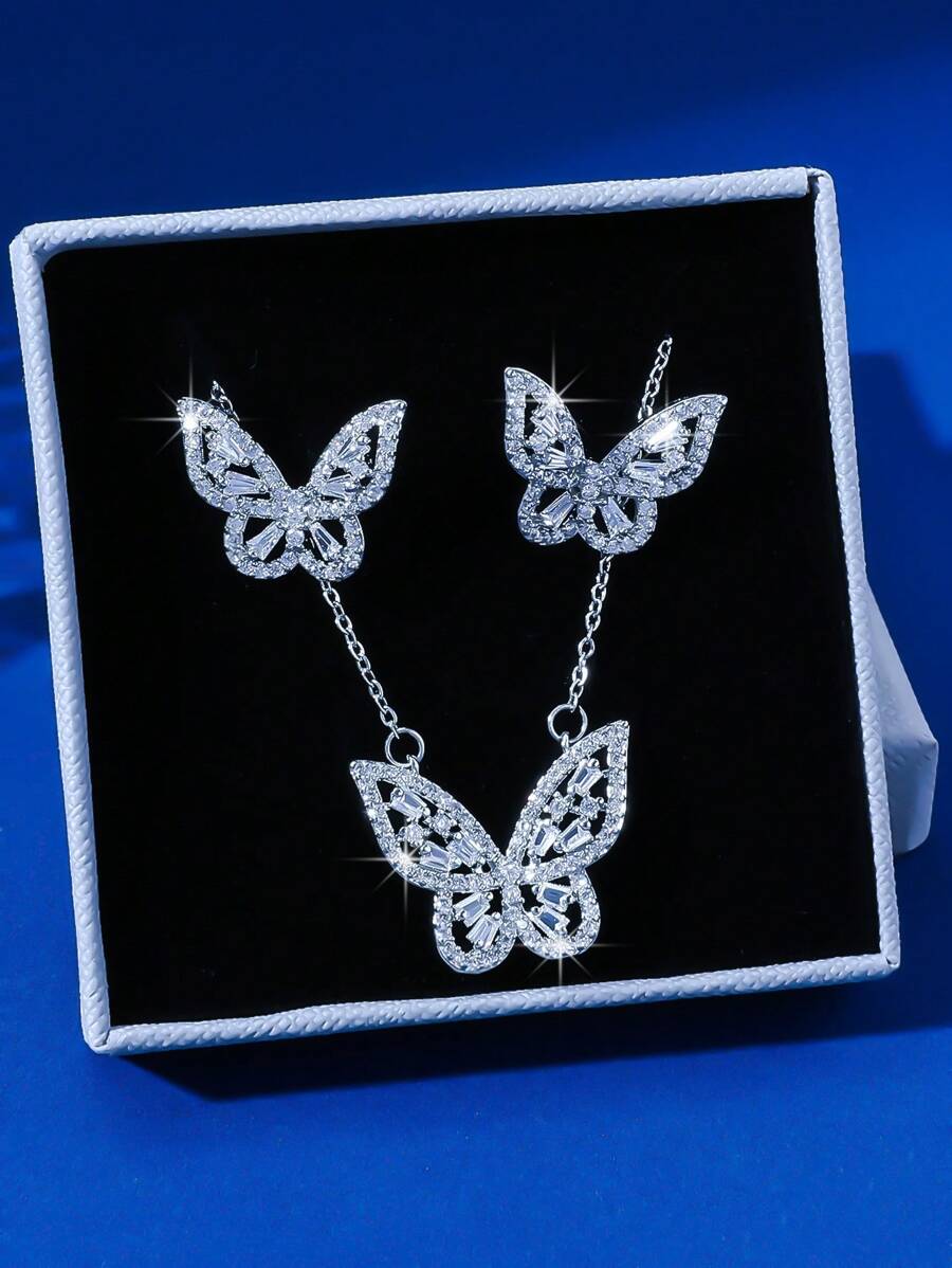 Hihho Conjunto De Jóias Para Mulheres Com 3 Peças De Borboleta, Inclui Colar De Corrente De Aço Inoxidável Com Pingente De Borboleta Inlay De Strass E Brincos De Borboleta Simples